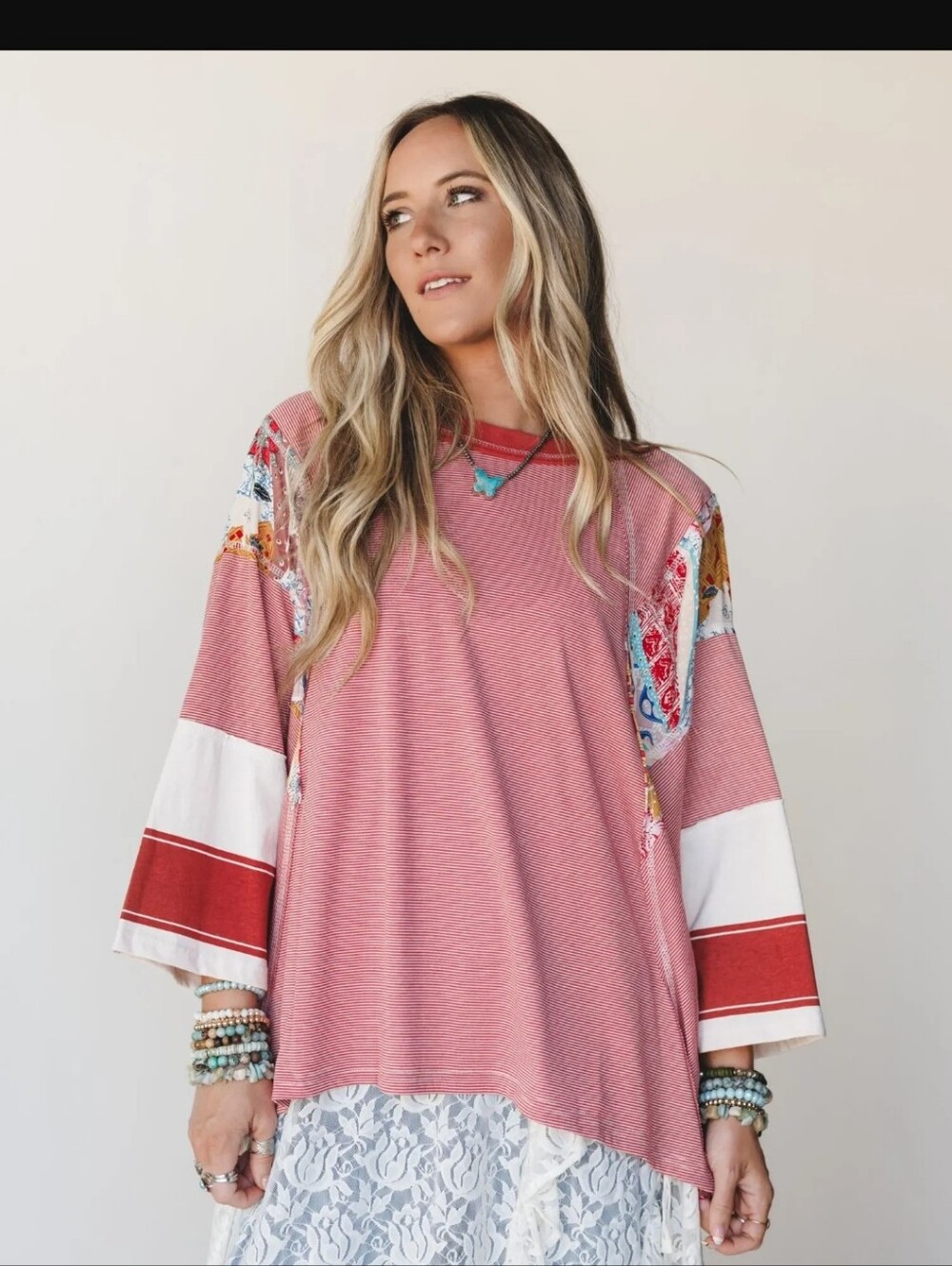 Three Bird Nest Striped Floral Raw Hem Patchwork Round Neck TopSize Small Boho
